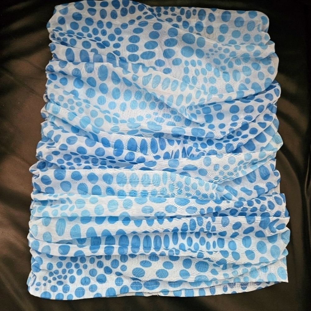 Akira Ruched Blue Polka Mesh Tube 2 Way Top Sz M  Preppy Stretchy